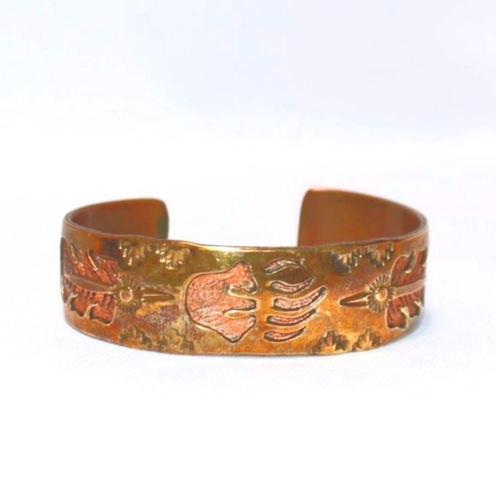 Jefferson Lee Navajo 12K Gold Filled Bracelet Copper Bear Paw and Feathers